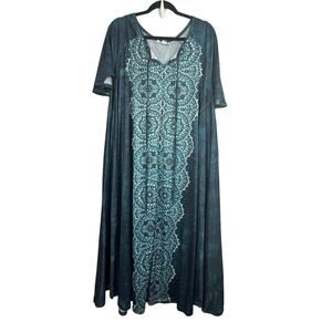 Only Necessities Women’s Plus Dress 18/20 L Blue Teal Boho Print A-Line Midi